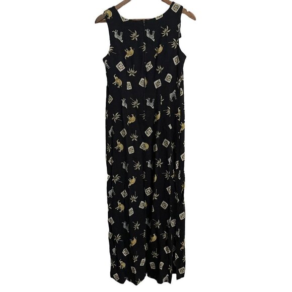 Vintage Womens Black Sleeveless Slit Elephant Palm Tree Leopard Midi Dress Small - Picture 7 of 7